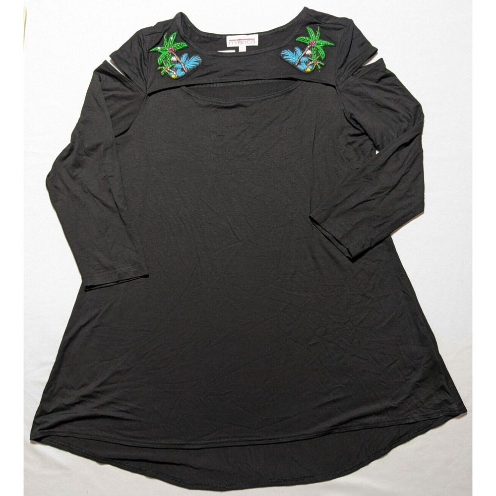 MISCHA Women‎ Large Black Rayon Stretch Embellished Palm Tree Accents Top NEW